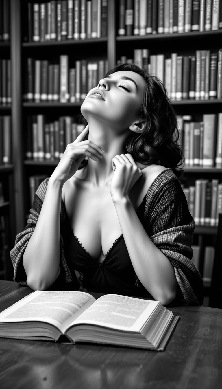 Mujer en una biblioteca en una dramática pausa reflexiva