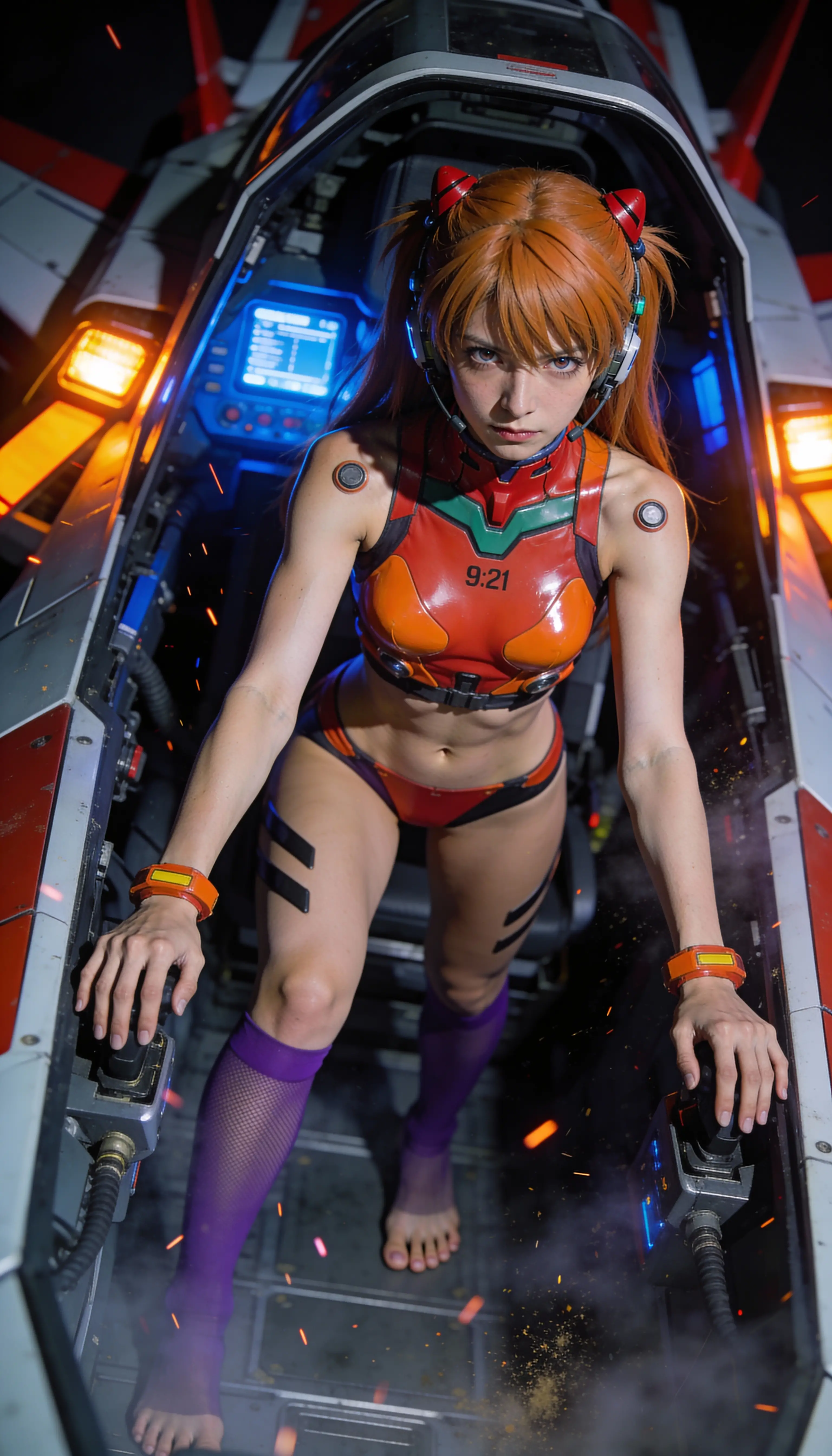 Sci fi pilot woman in tense cockpit battle preparation