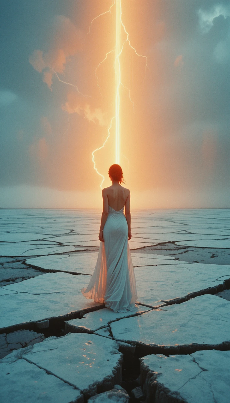 Fashion woman on cracked ice under glowing lightning bolt