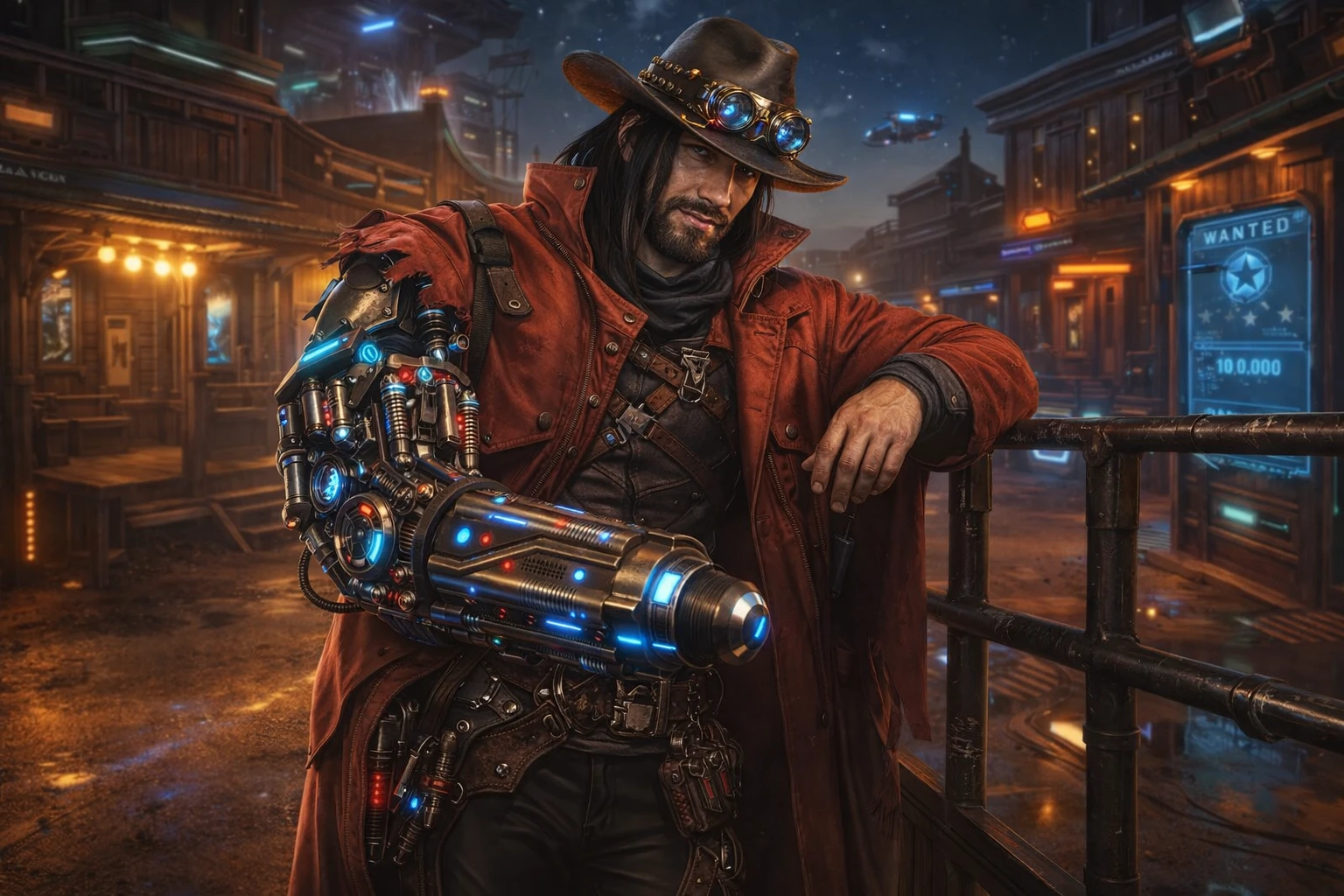 Vaquero cibernético relajado en una calle del oeste futurista