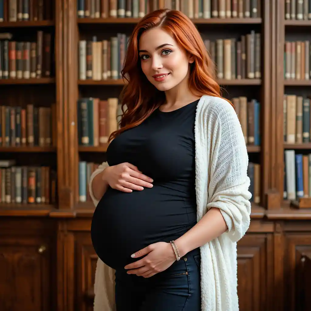 Pregnant woman in black shirt smiling in cozy library