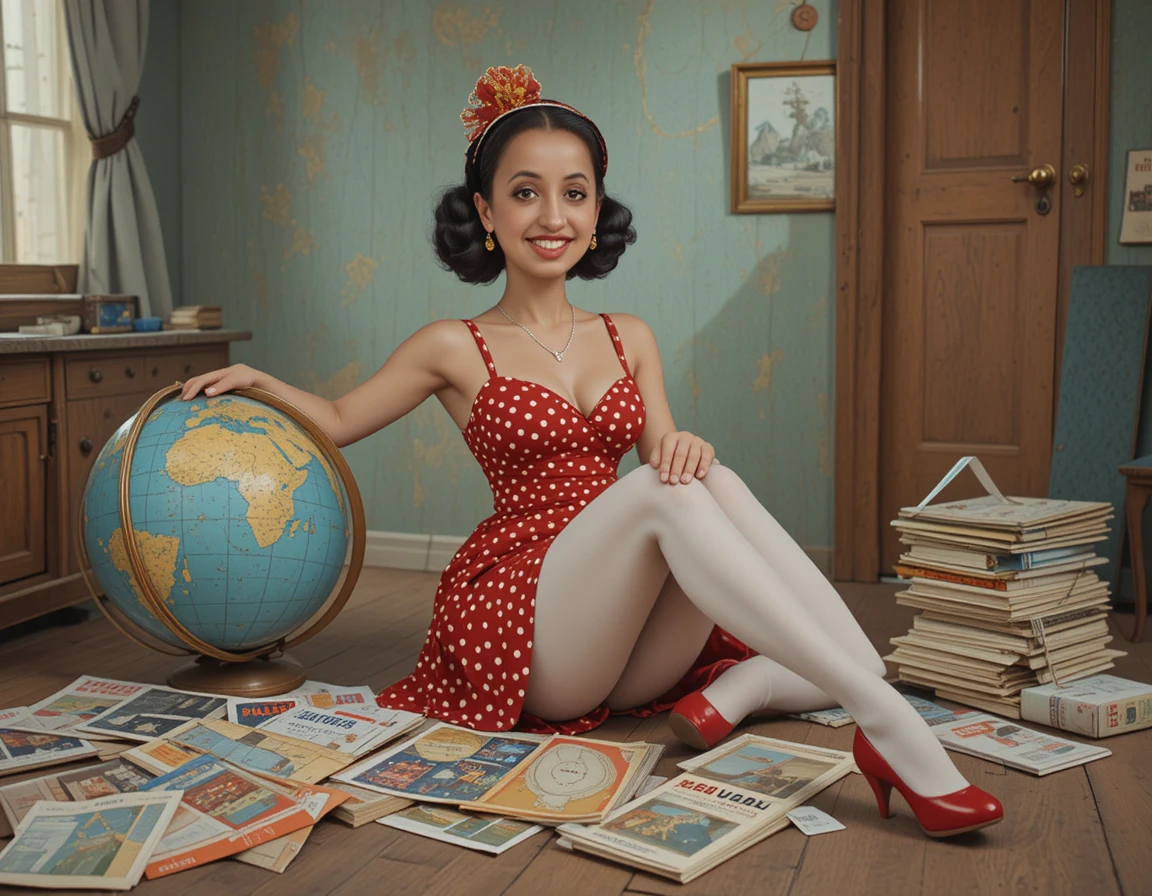 Playful vintage woman in red polka dot dress on floor