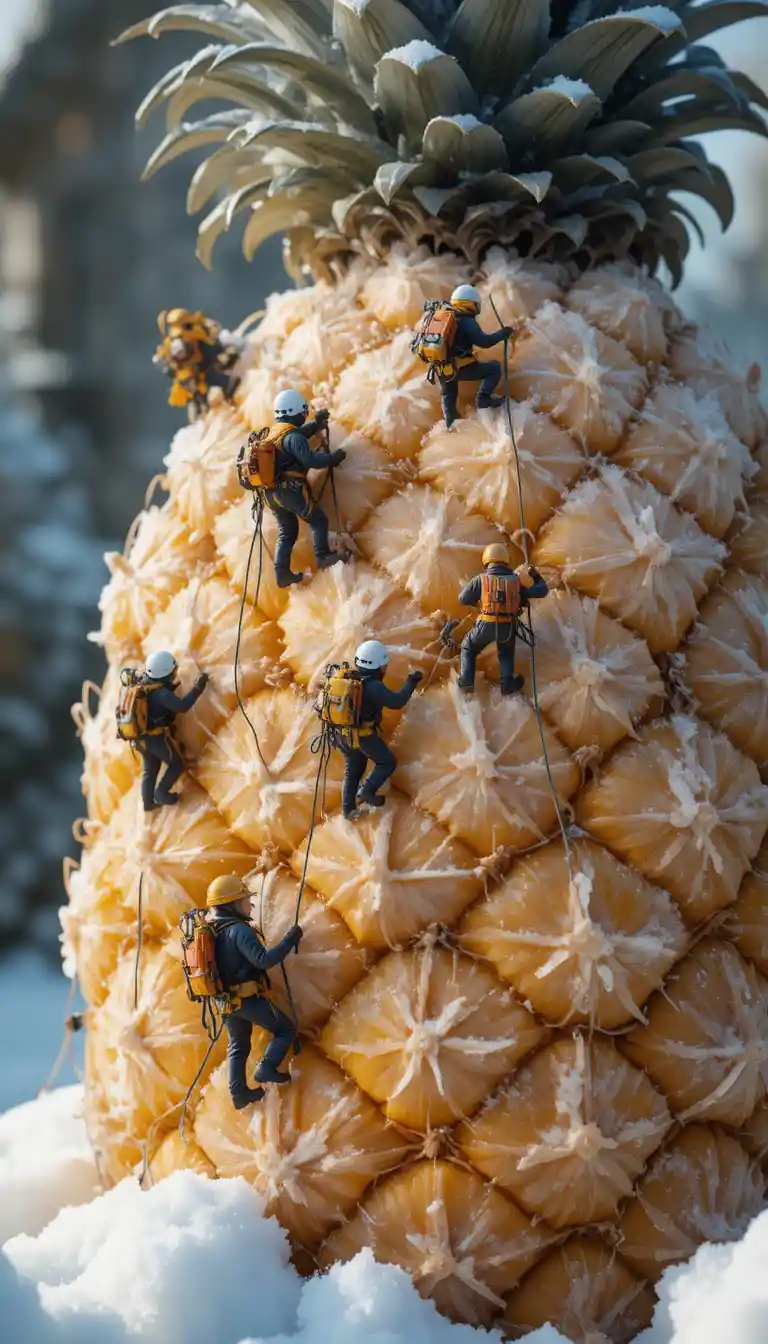 Miniature climbers scaling a frozen sugarcane surface