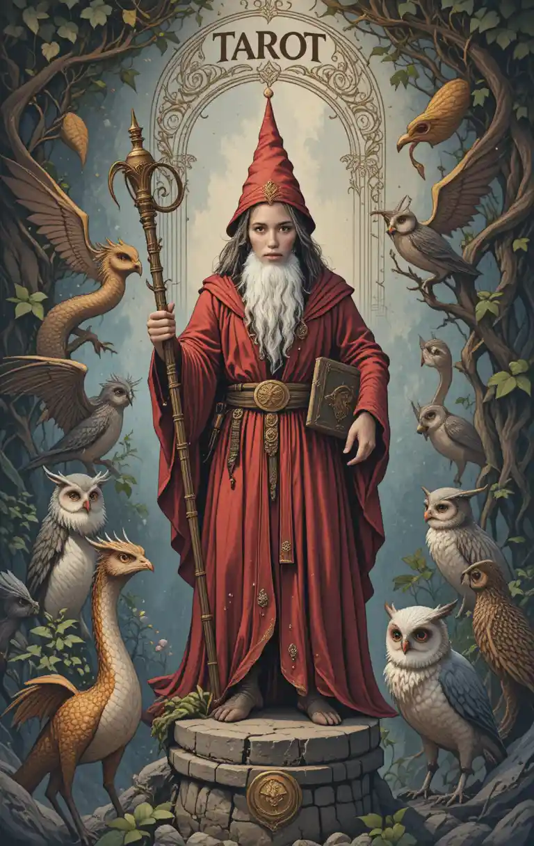 Wizard On Stone Pedestal Surrounded By Dragons And Owls