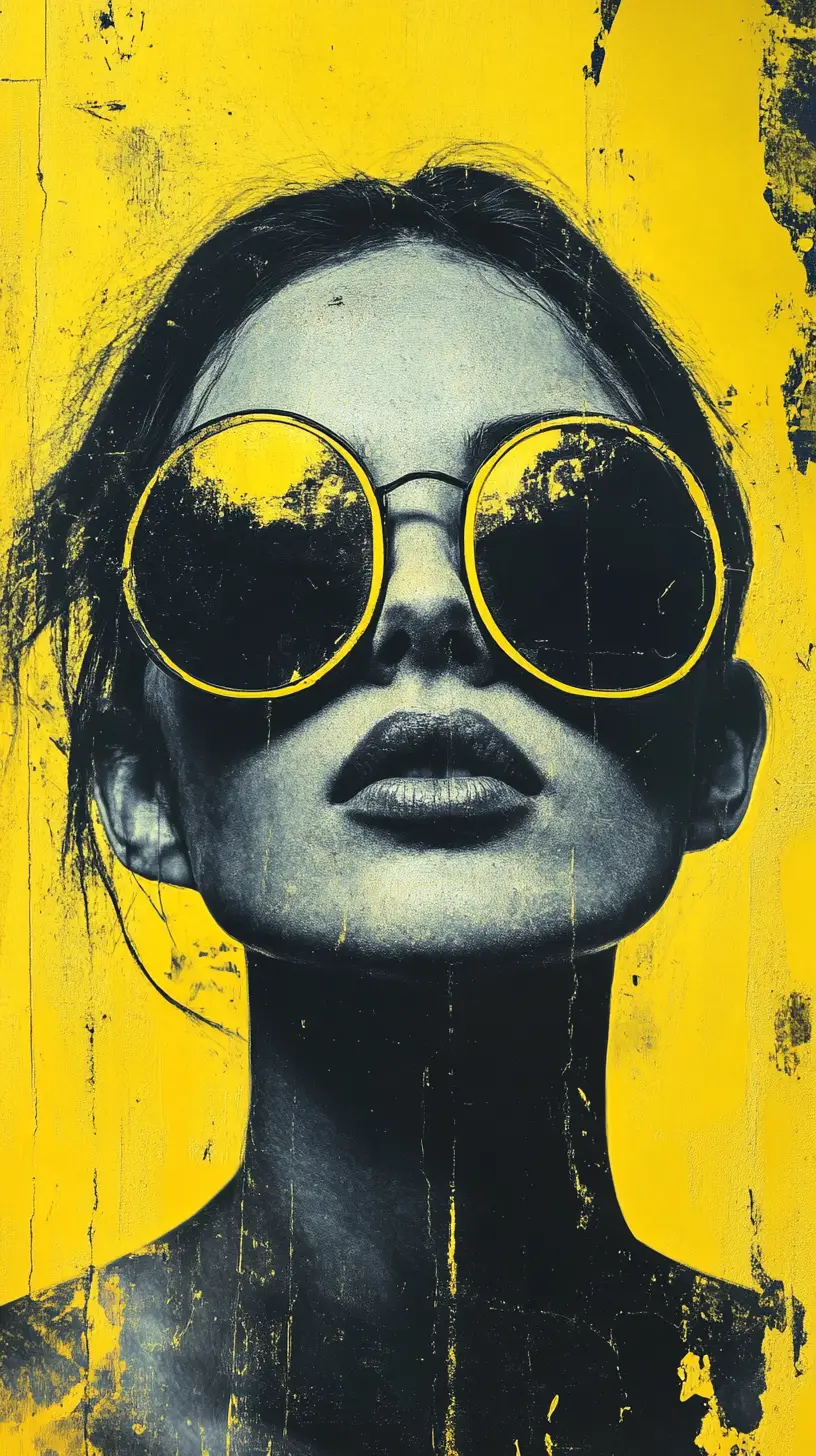 Close up woman portrait with round sunglasses in yellow tones