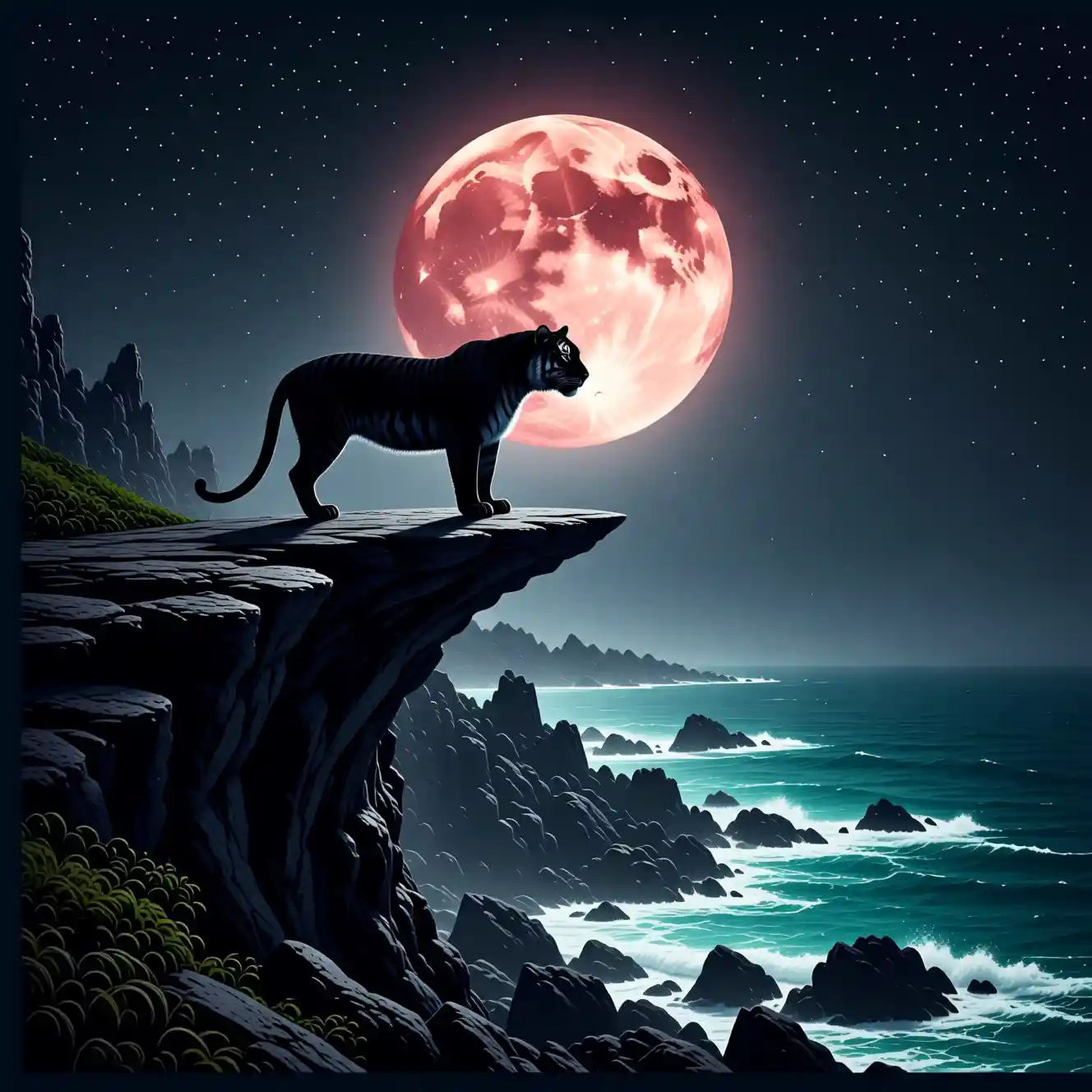 Tigre negro en acantilados a la luz de la luna sobre un mar embravecido