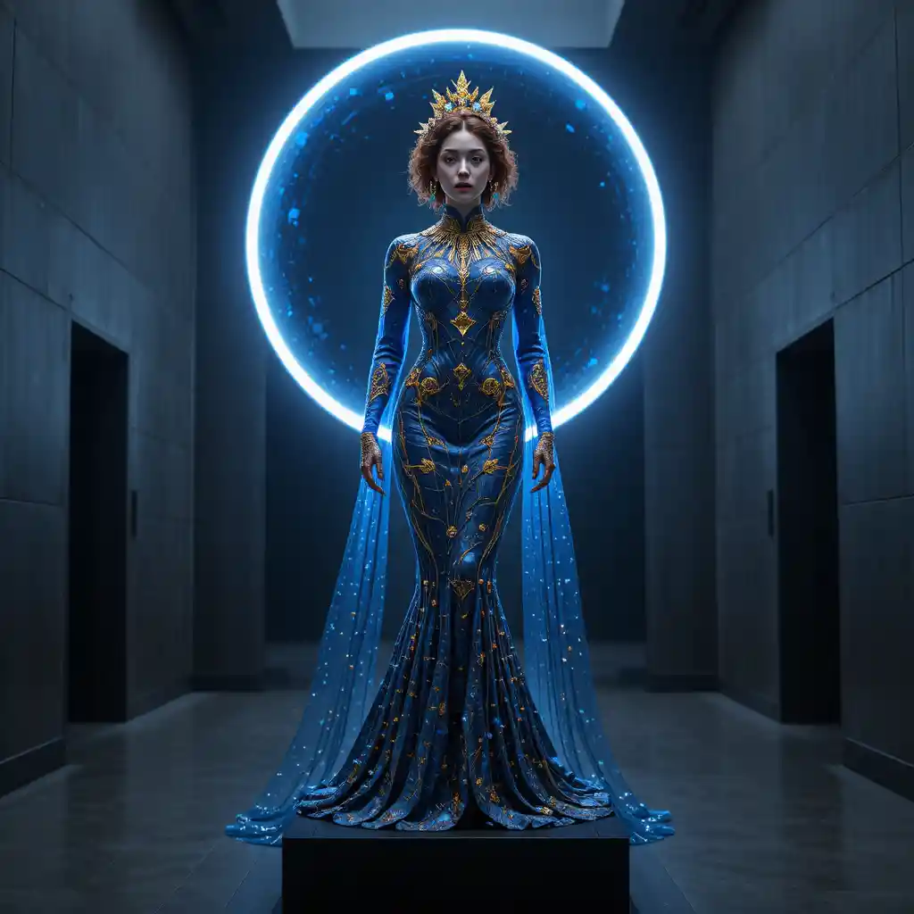 Mulher autômata coreana em pedestal com halo cósmico brilhante