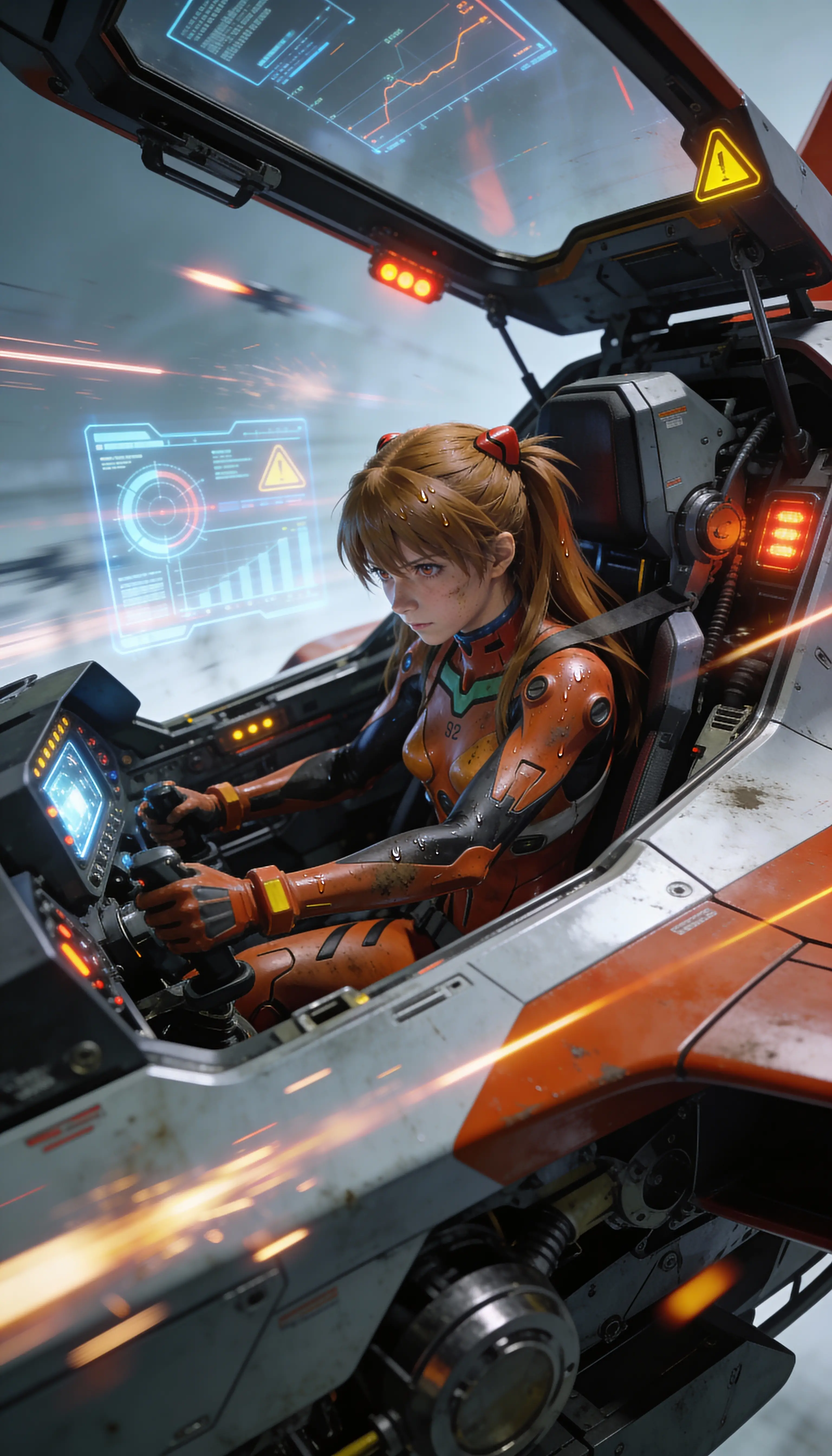 Dynamic portrait of a woman bracing for combat in cockpit