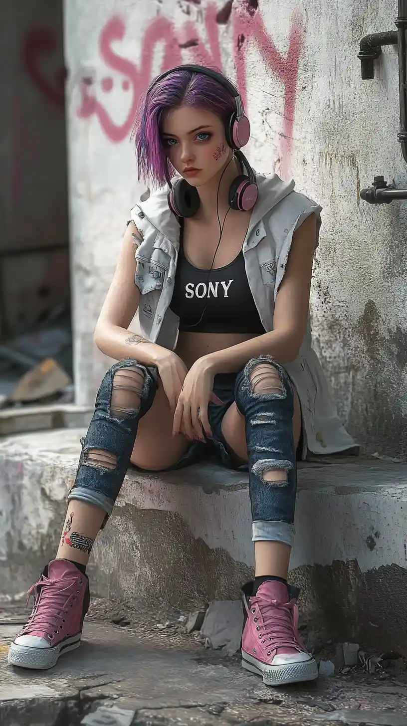 Anime girl on concrete ledge in gritty urban graffiti scene