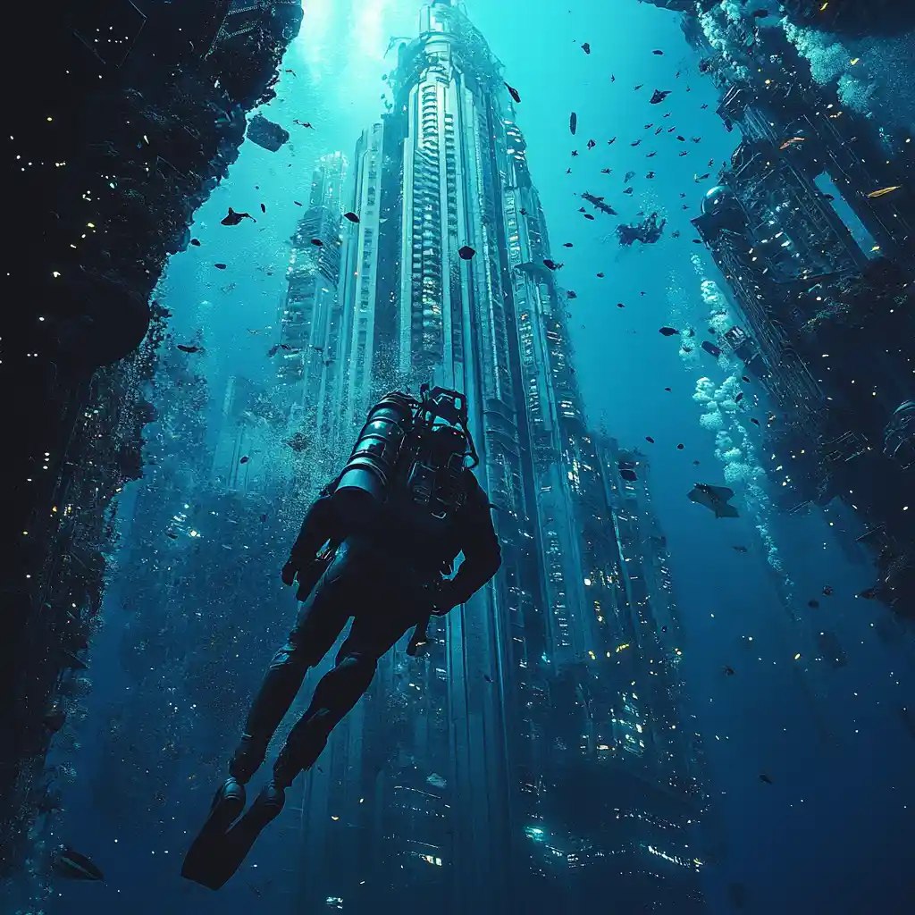 Underwater explorer passing a glowing skyscraper in deep ocean
