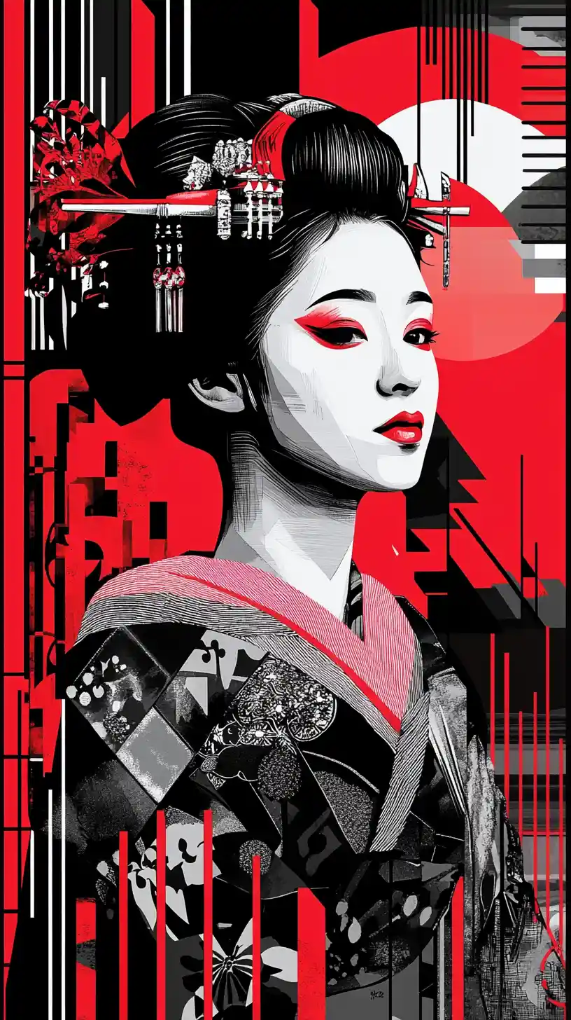 Elegant geisha portrait in bold red and black vector art