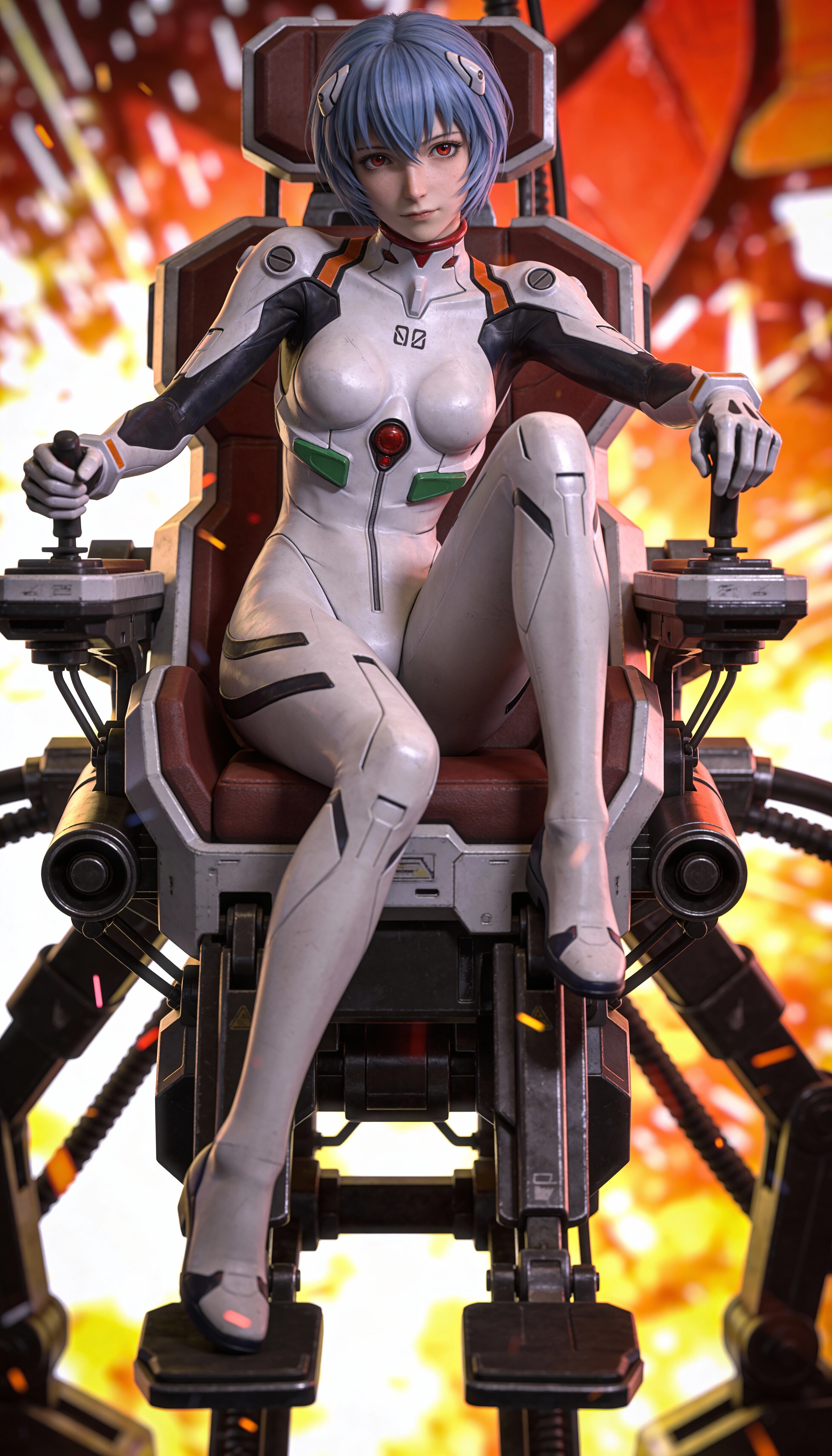 Dynamic anime woman in a sci fi mechanical cockpit