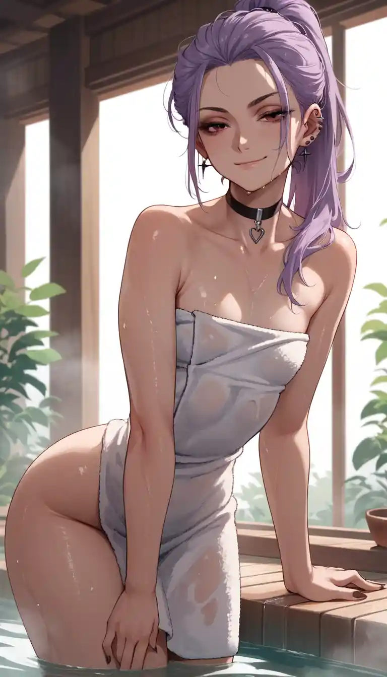 Anime girl in towel leaning forward in steamy bathroom