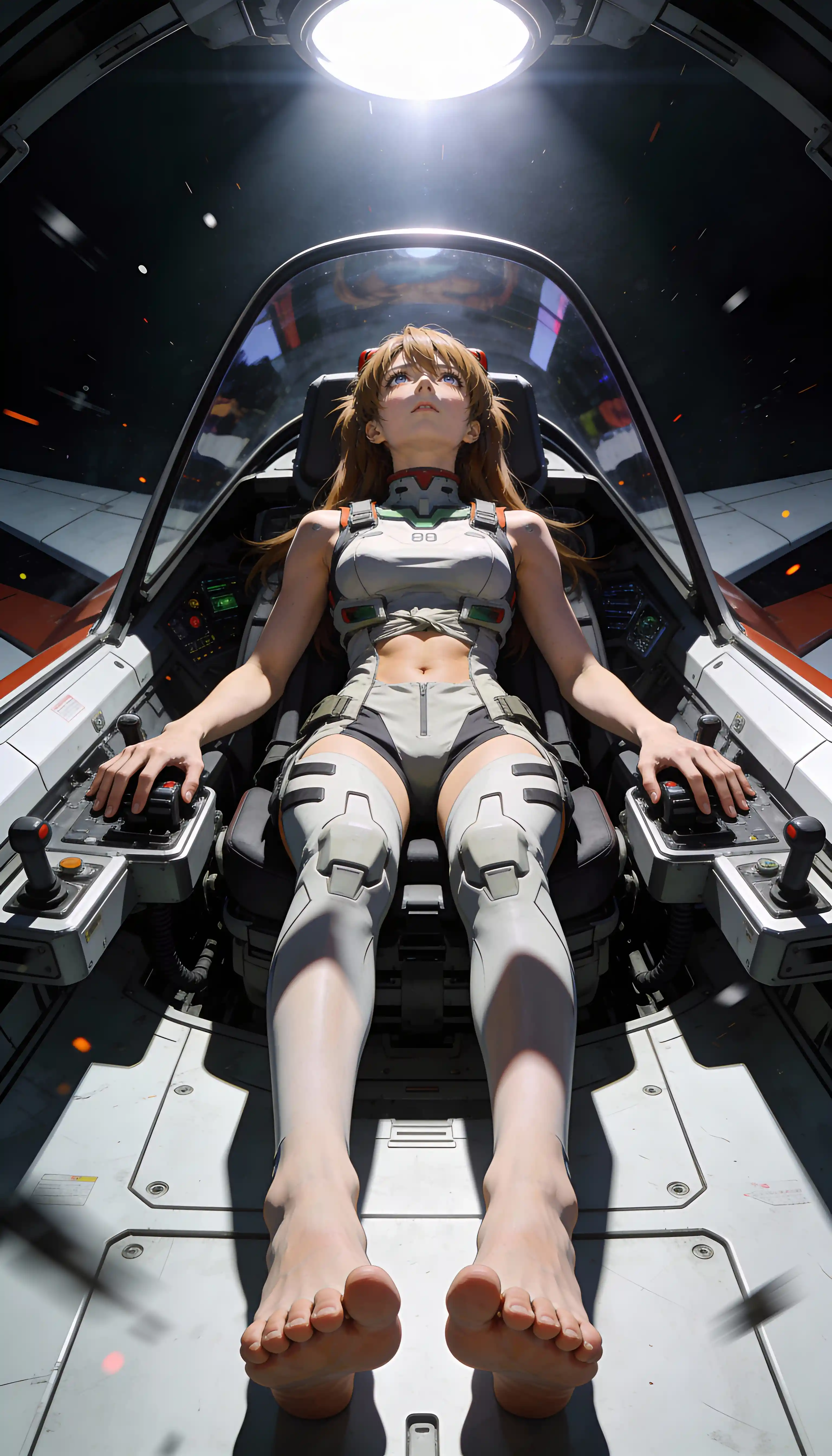 Pilote femme dans un cockpit de science‑fiction sous un projecteur dramatique