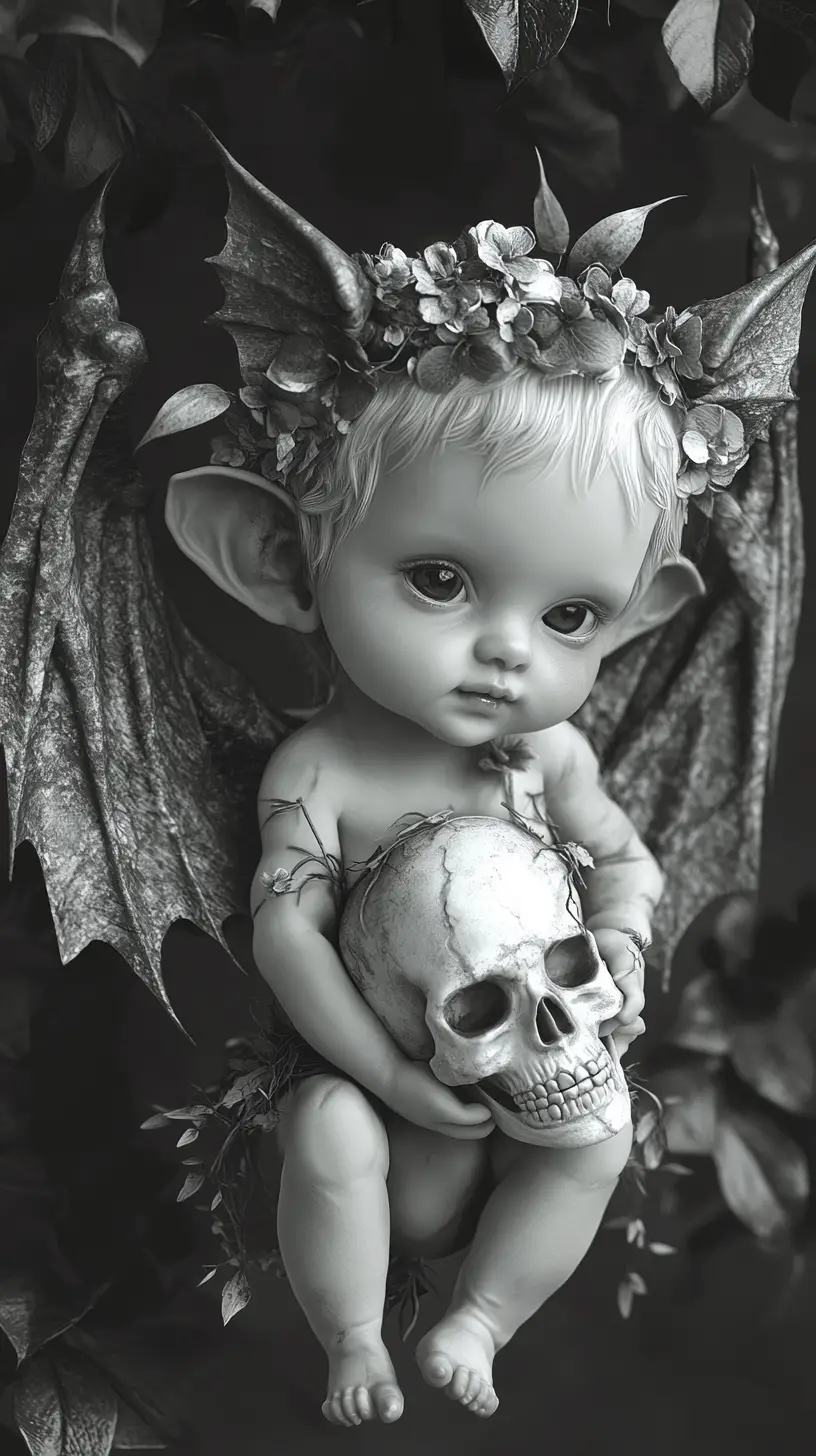 Vampire baby with skull and bat wings in monochrome portrait