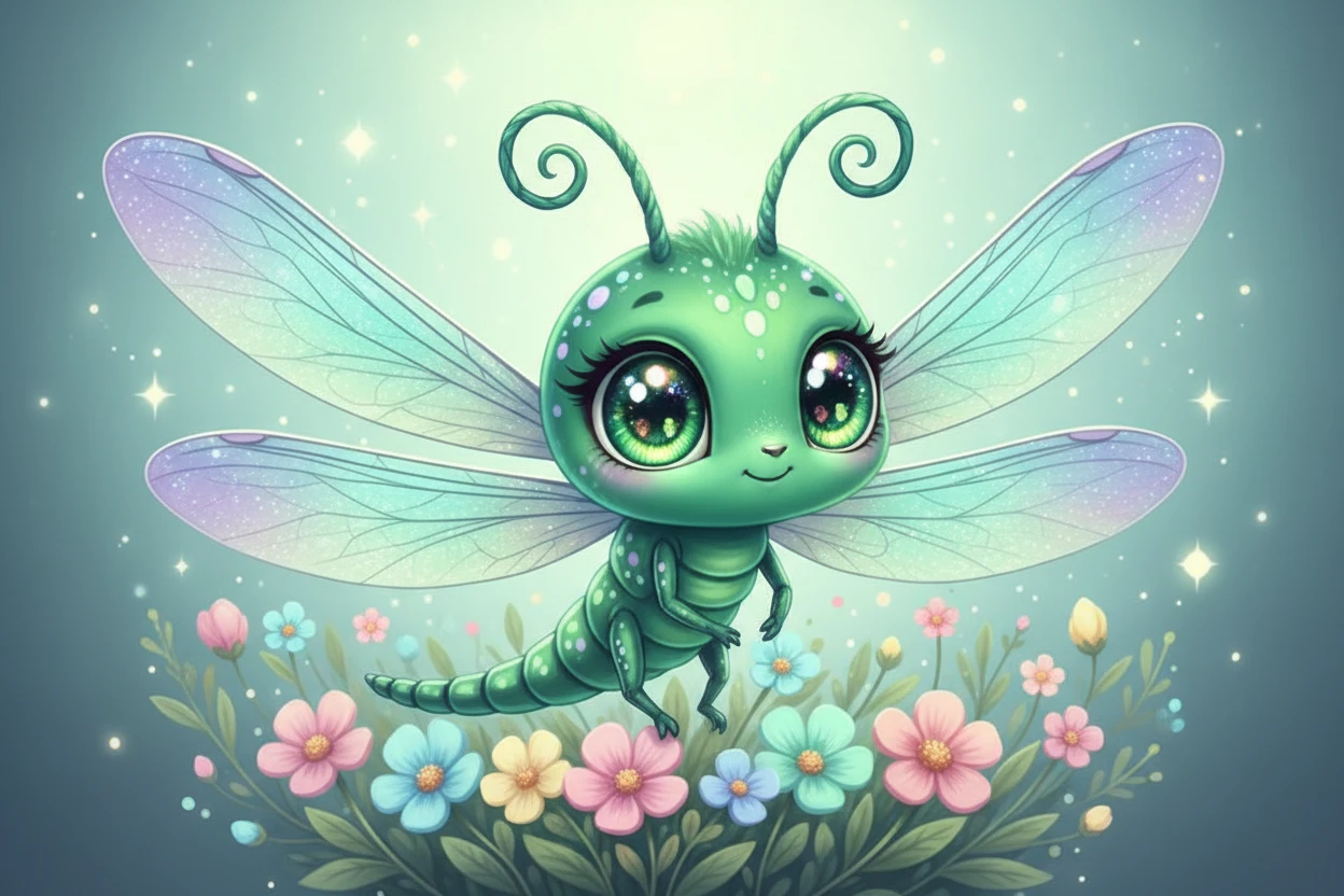 Cute Chibi Dragonfly With Sparkling Wings Among Pastel Flowers