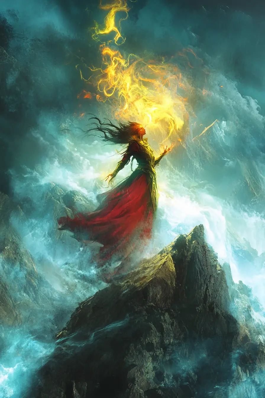 Sorceress Summoning A Storm On A Misty Mountain Peak