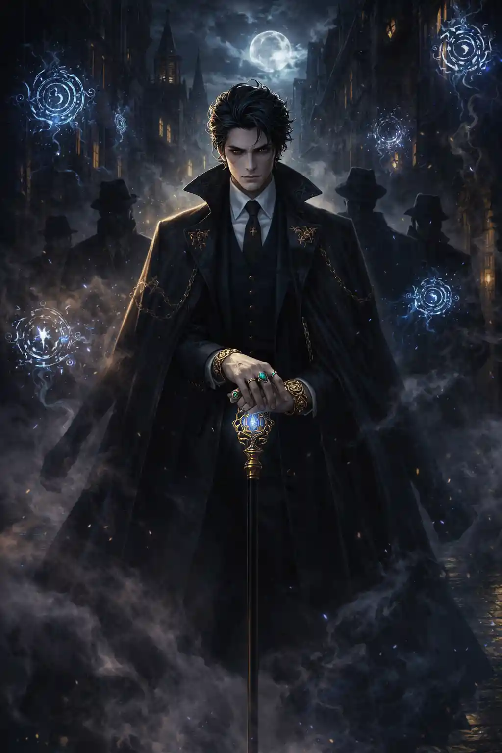 Fantasy mafia lord in a moonlit alley of arcane power