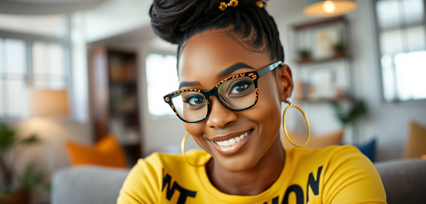 Mujer segura de sí misma con gafas sonriendo en un acogedor loft