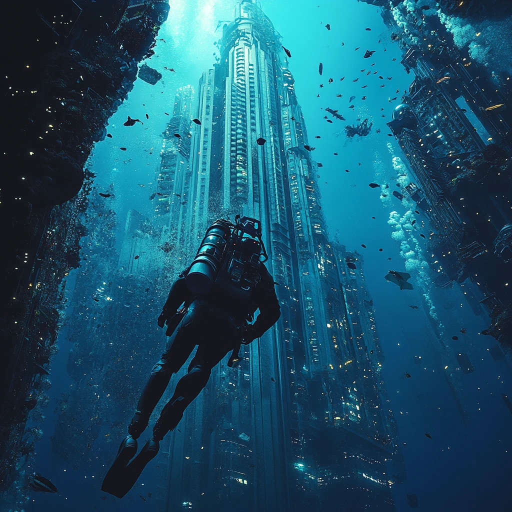 Underwater explorer passing a glowing skyscraper in deep ocean