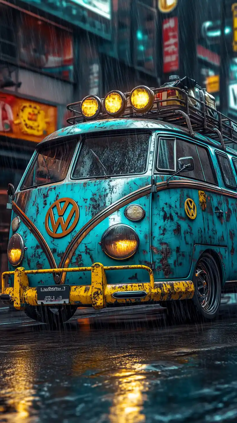 Furgone Volkswagen d’epoca in una strada di città piovosa illuminata al neon