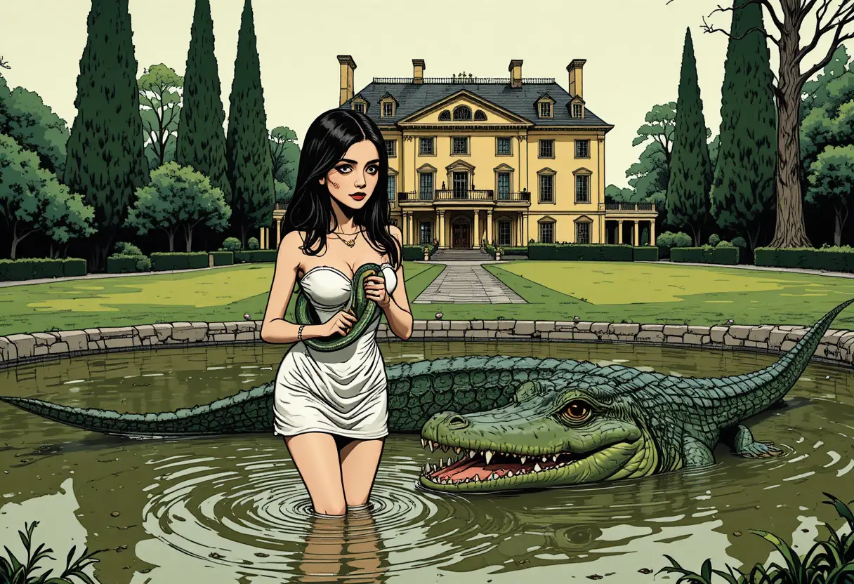 Woman with snake facing crocodile by eerie yellow mansion