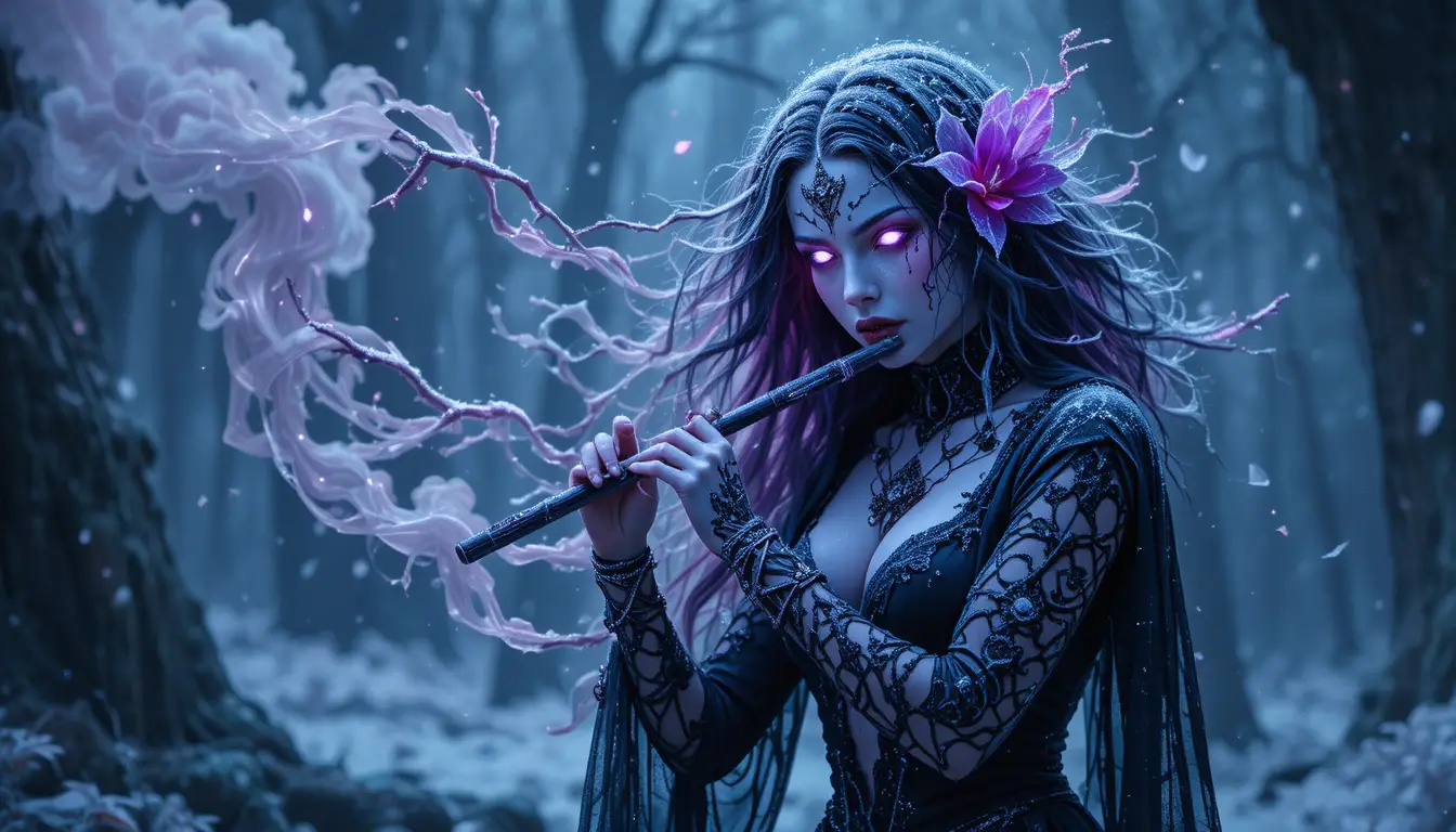 Hechicera oscura tocando una flauta de hueso en un bosque congelado