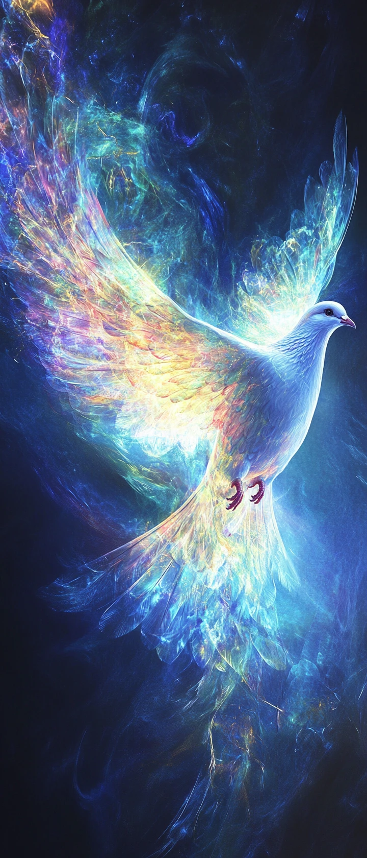 Glowing Dove Of Light In Misty Blue Rainbow Aura