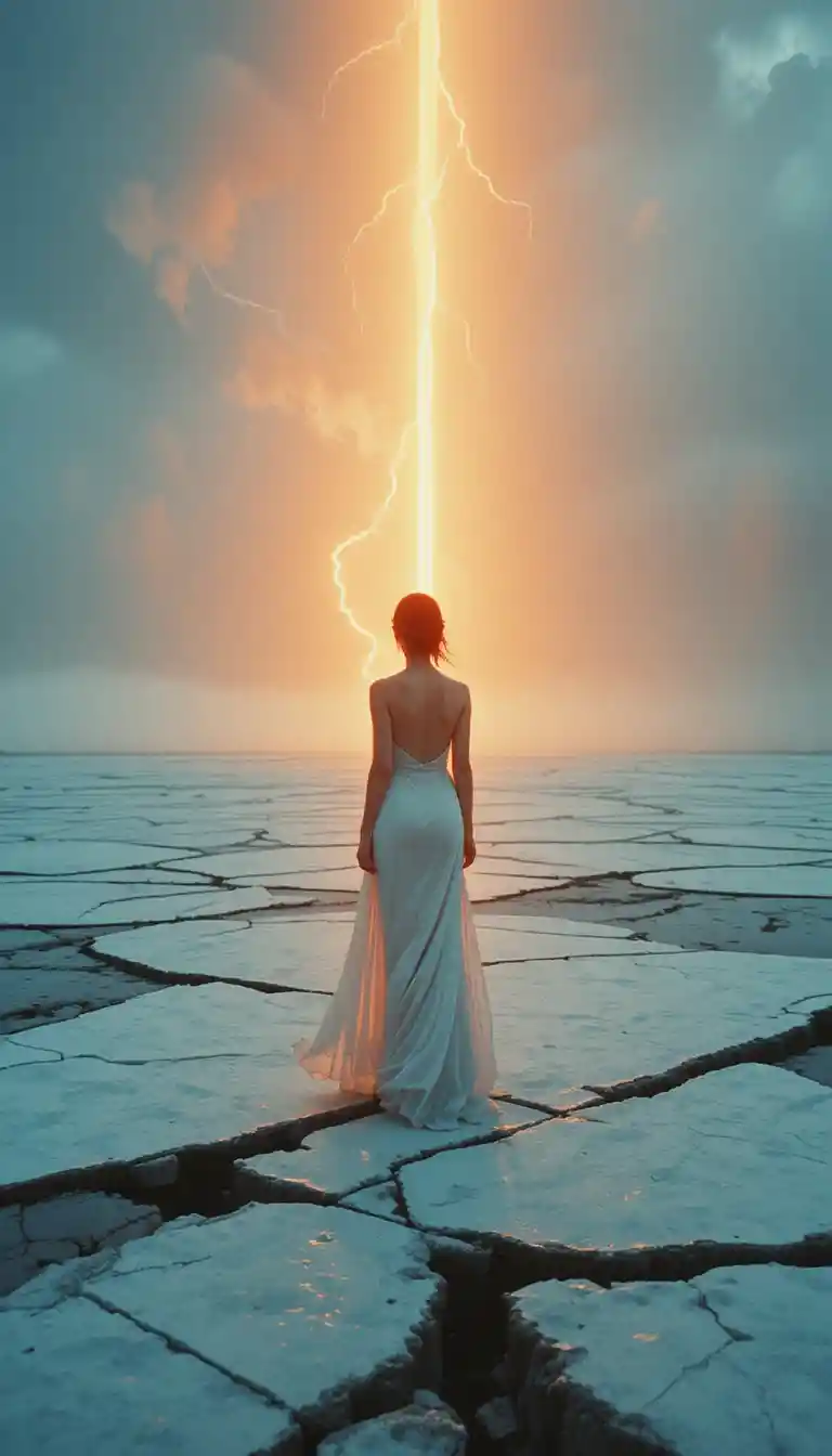 Fashion woman on cracked ice under glowing lightning bolt