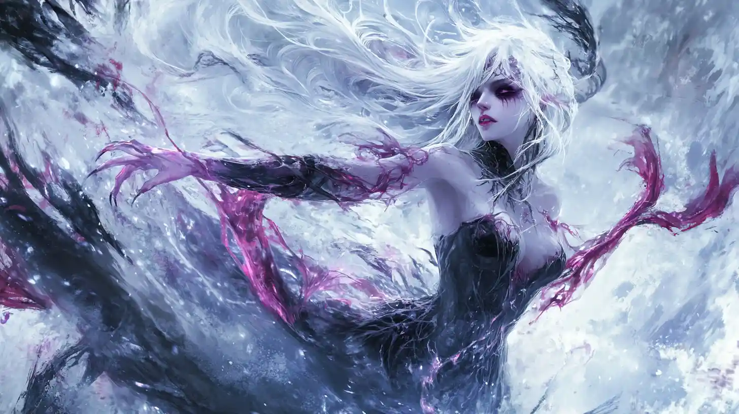 Dark sorceress dancing in a frozen haunted forest