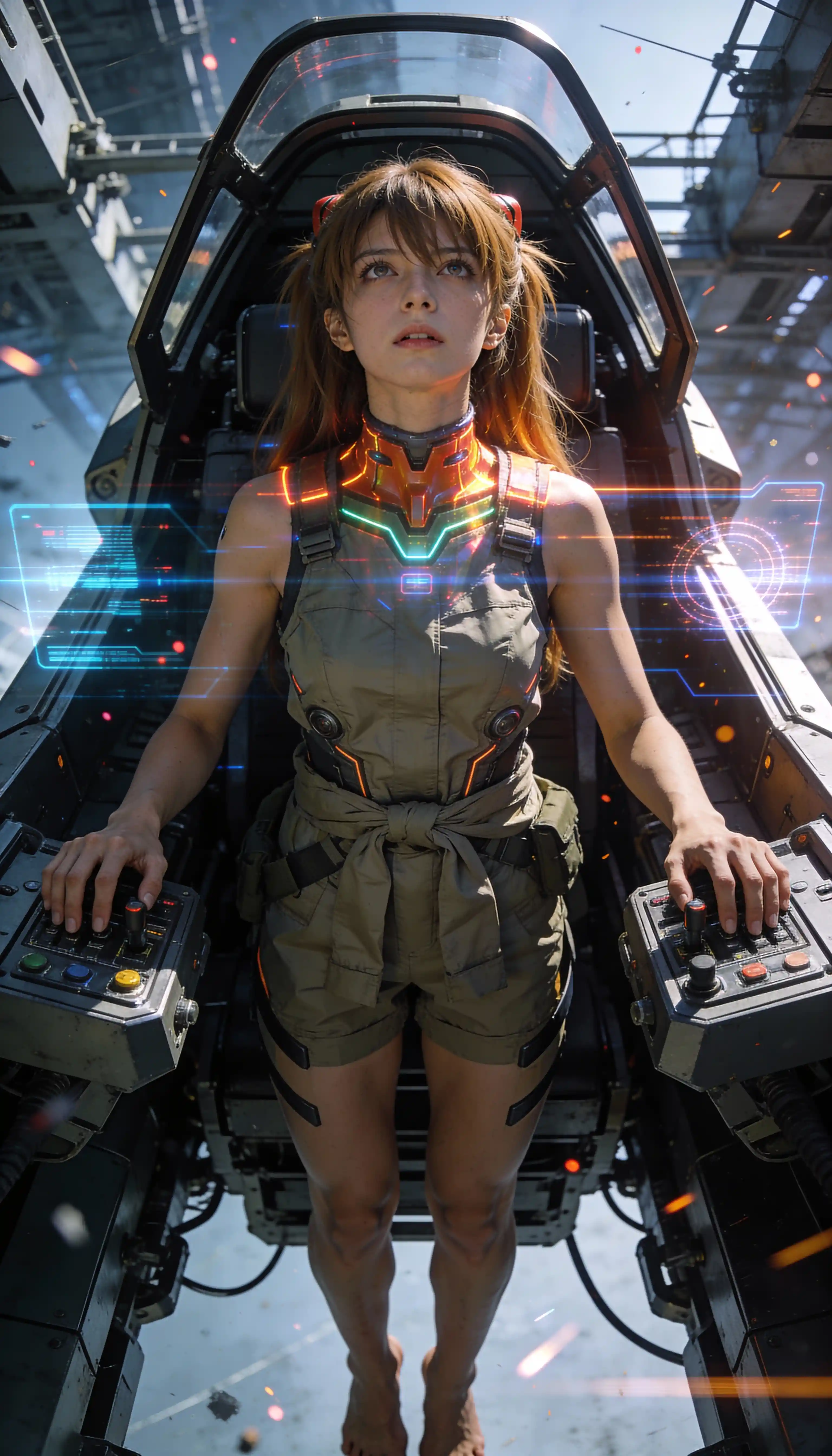 Intense pilot in neon lit sci fi cockpit close up