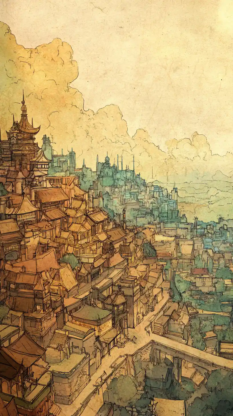 Ancient parchment map of a sprawling fantasy cityscape