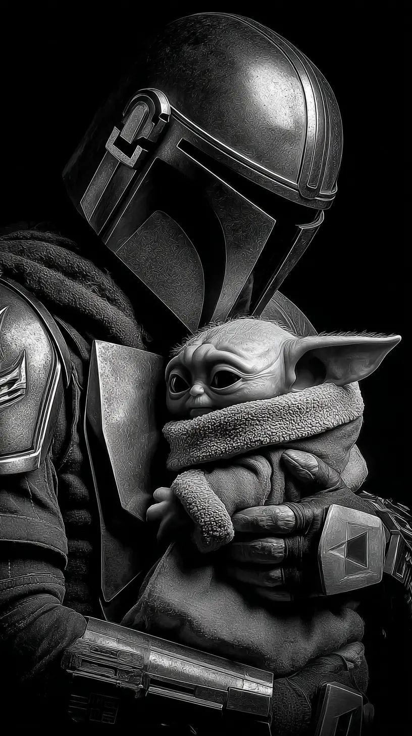 Tender black and white portrait of armored guardian and child
