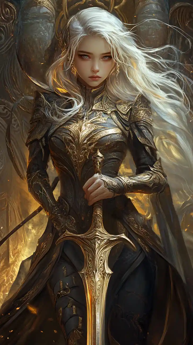 White haired female warrior before ancient glowing ruins