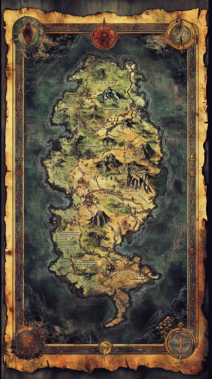 Fantastical parchment world map with medieval inspired details