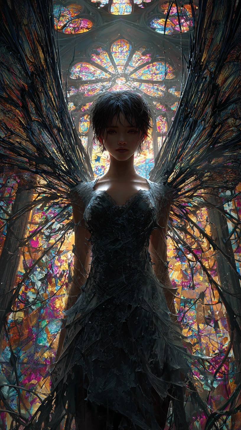 Gothic angel girl in backlit ruined cathedral