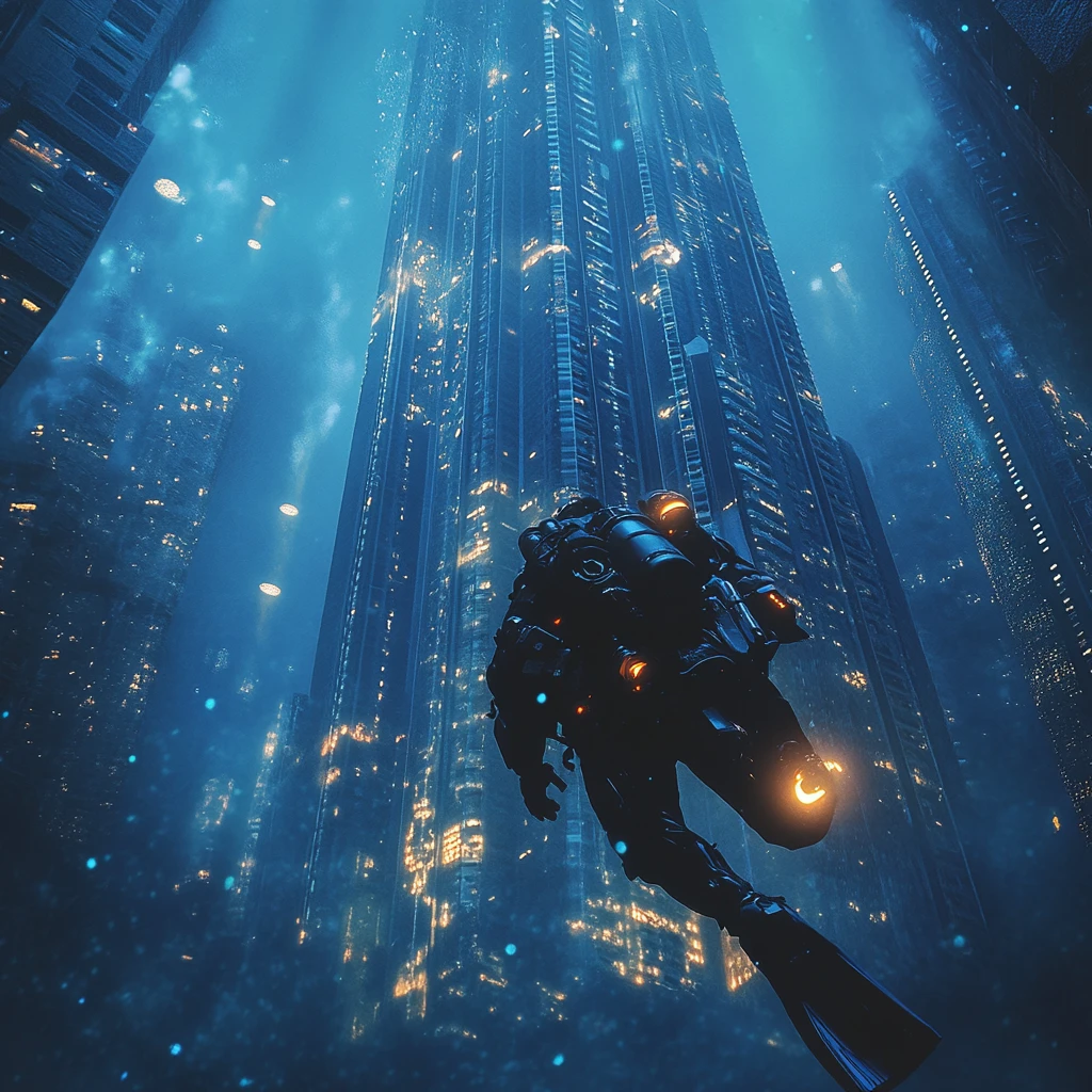 Underwater explorer swimming past bioluminescent city skyscraper