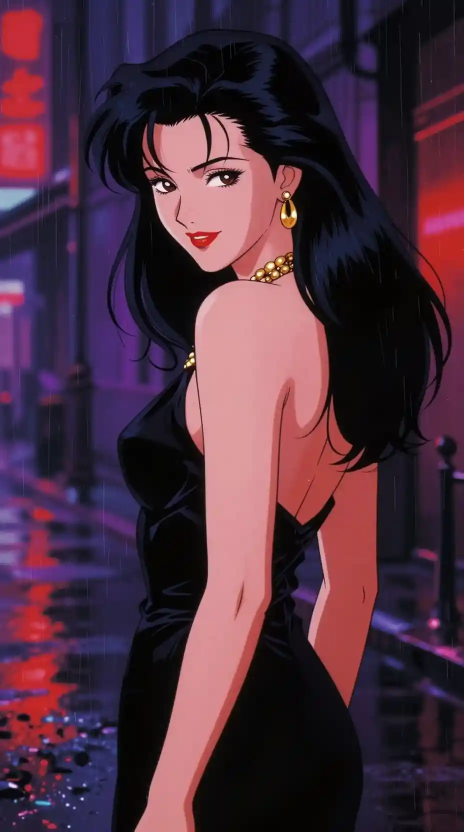 Vietnamese femme fatale in neon lit anime city scene