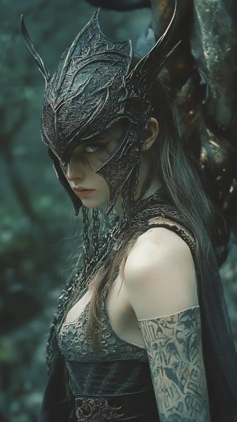 Scarred anime warrior woman with mask in mystical realm