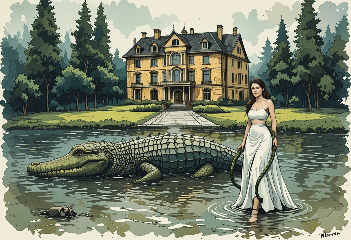 Woman With Snake Facing Crocodile Before Grand Yellow Mansion