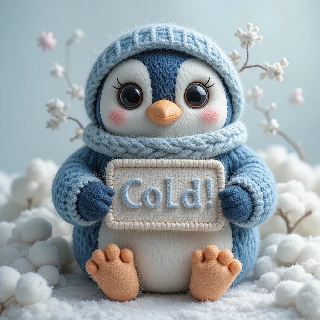 Tierno pingüino de tela temblando en una suave escena invernal