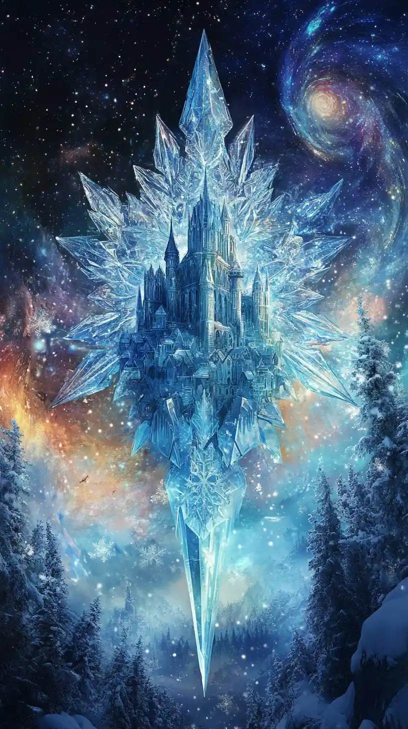 Majestätisches Schneeflocken-Schloss in einer surrealen Wintertraumlandschaft