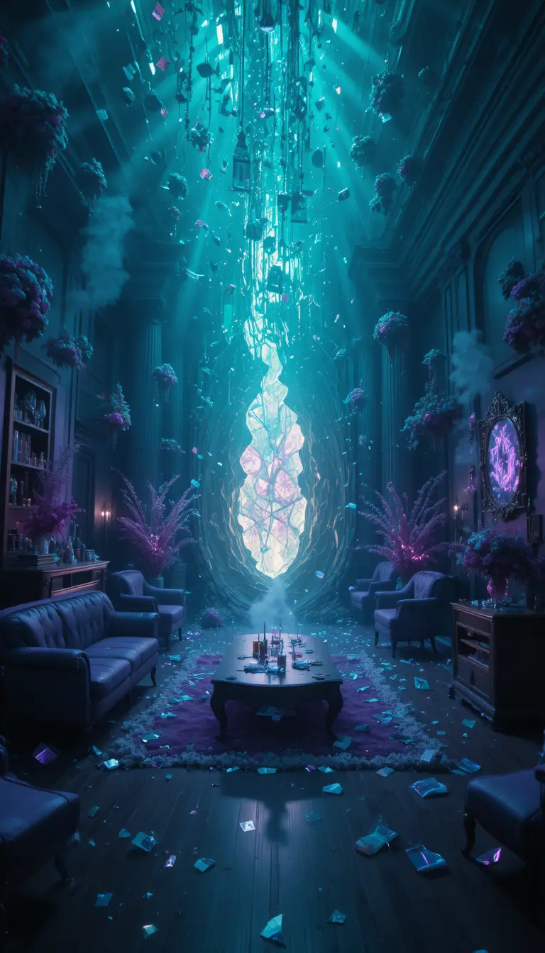 Floating furniture swirling around a glowing rift room