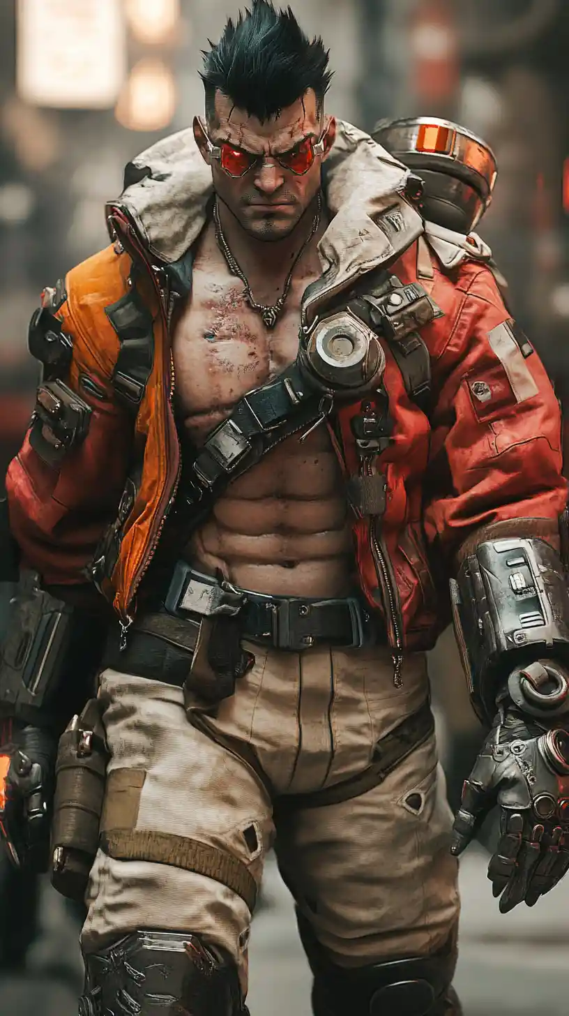 Homem alto e musculoso de pele carmesim com manoplas de metal
