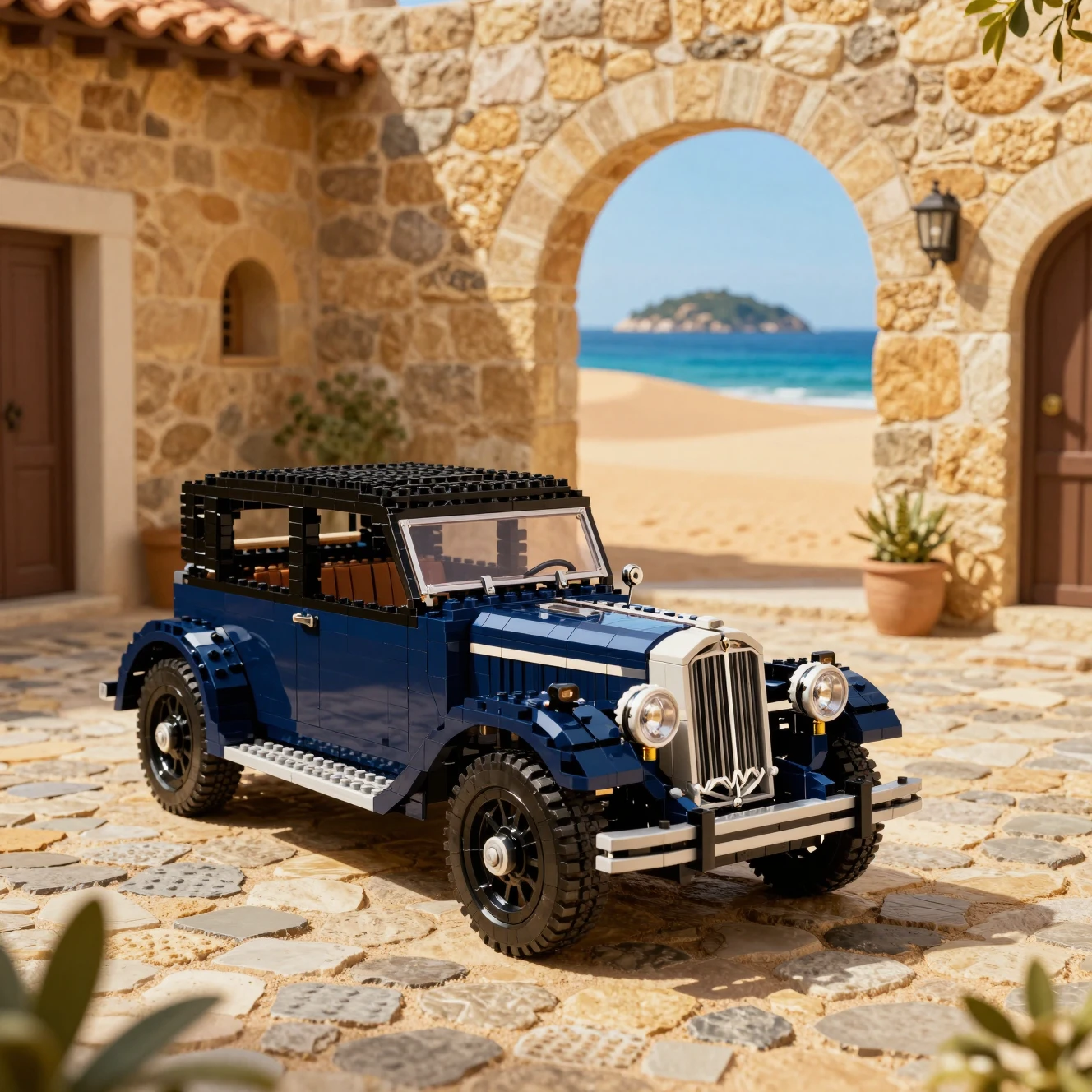 Lego vintage car in a rustic cobblestone courtyard