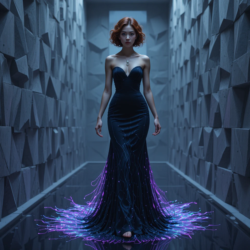Korean woman in temporal motion walking through anechoic chamber