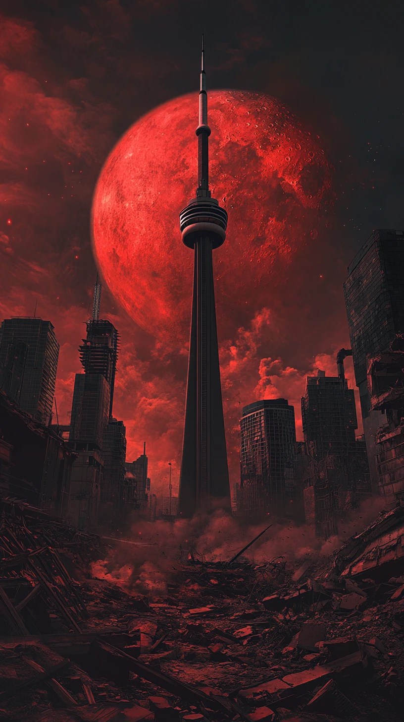 Apocalyptic Toronto Ruins With Tower And Crimson Moon