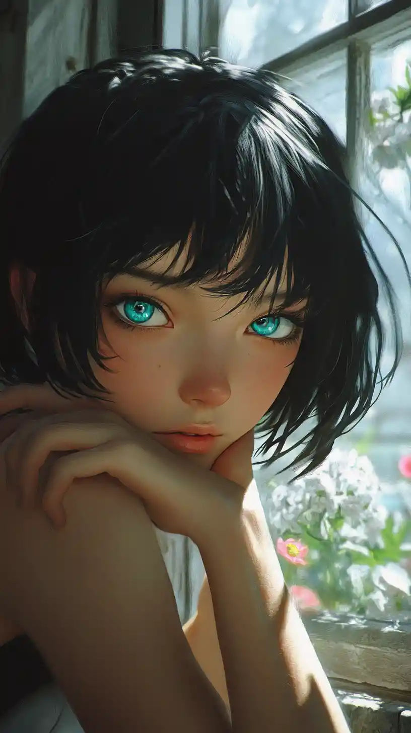 Ragazza gioiosa che appoggia il mento vicino a una finestra illuminata dolcemente