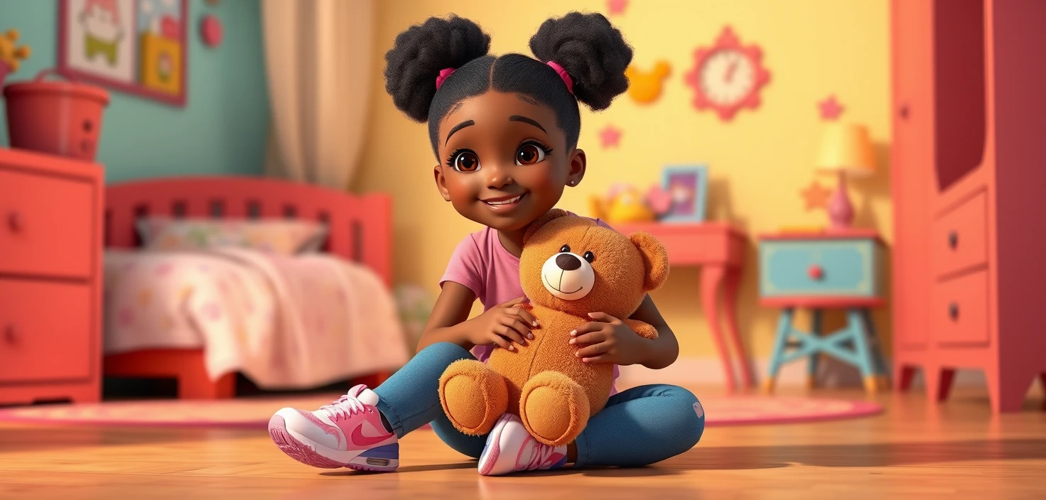 Süßes 3D-Mädchen mit Teddybär in buntem Kinderzimmer