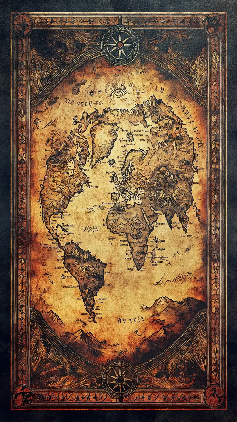 Fantasy parchment world map with medieval inspired design